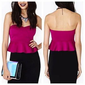NASTY GAL Solemio Strapless Sweetheart Peplum Crop Top SMALL Magenta Purple Chic